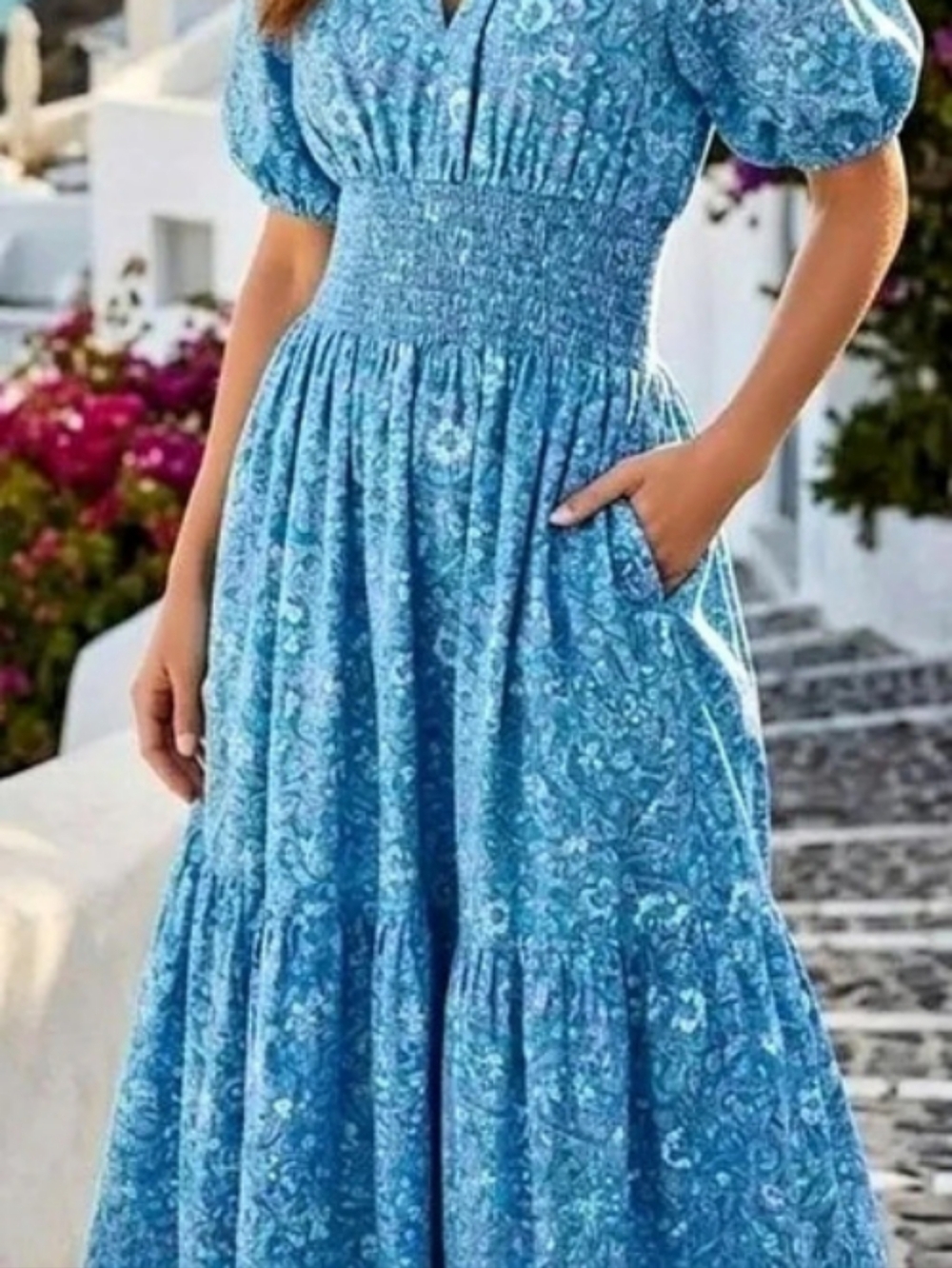 J.Crew Puff-Sleeve Smocked-Waist Midi Dress in Blue Floral Blue Floral